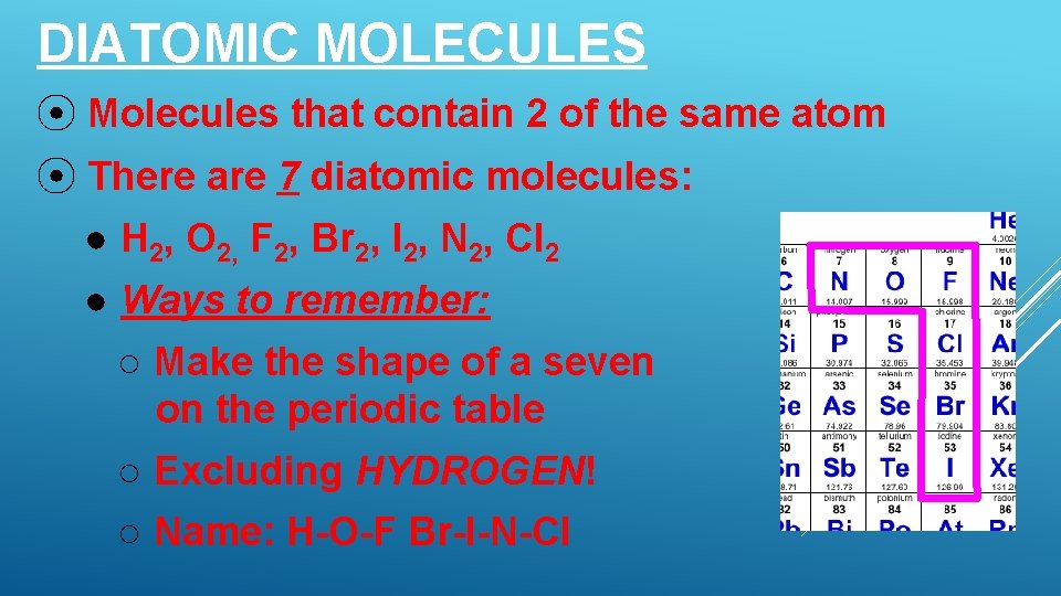 DIATOMIC MOLECULES ⦿ Molecules that contain 2 of the same atom ⦿ There are