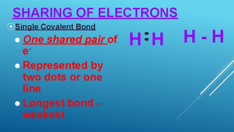 SHARING OF ELECTRONS ⦿Single Covalent Bond ● One shared pair of e● Represented by