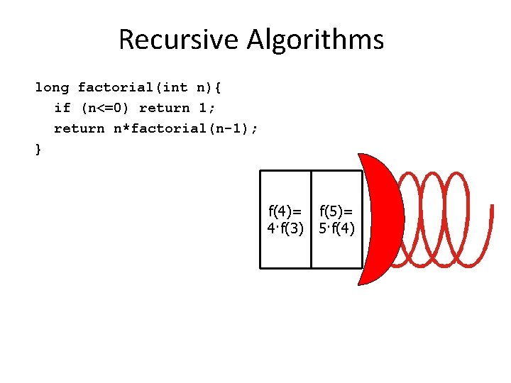 Recursive Algorithms long factorial(int n){ if (n<=0) return 1; return n*factorial(n-1); } f(4)= 4·f(3) Recursive Algorithms long factorial(int n){ if (n<=0) return 1; return n*factorial(n-1); } f(4)= 4·f(3)
