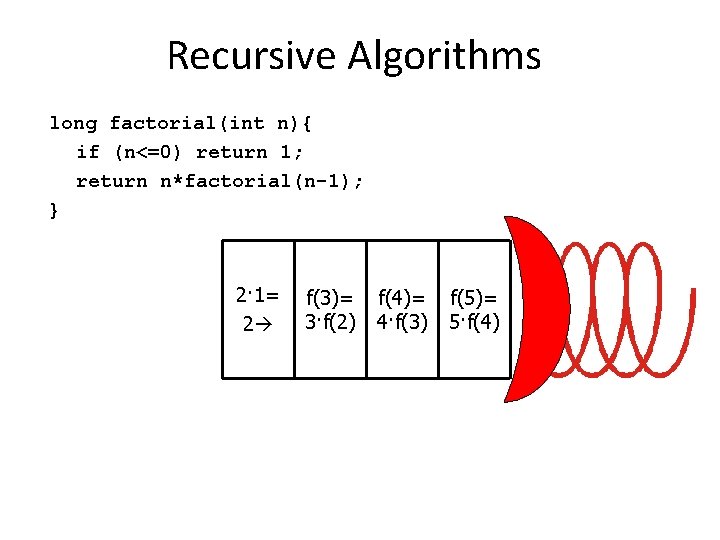 Recursive Algorithms long factorial(int n){ if (n<=0) return 1; return n*factorial(n-1); } 2· 1= Recursive Algorithms long factorial(int n){ if (n<=0) return 1; return n*factorial(n-1); } 2· 1=