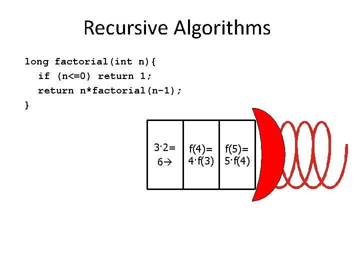 Recursive Algorithms long factorial(int n){ if (n<=0) return 1; return n*factorial(n-1); } 3· 2= Recursive Algorithms long factorial(int n){ if (n<=0) return 1; return n*factorial(n-1); } 3· 2=
