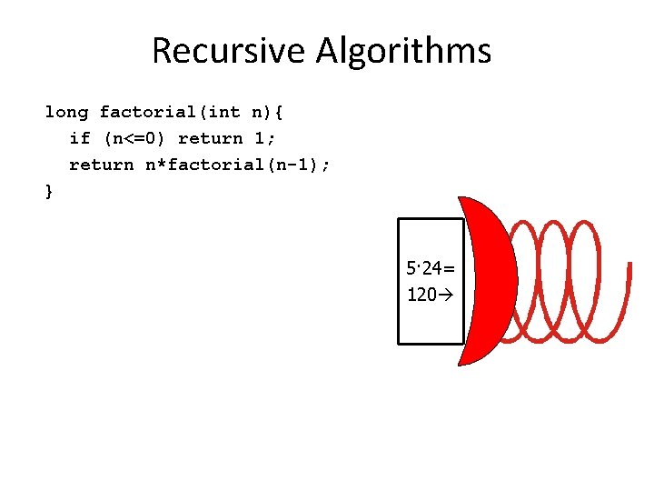 Recursive Algorithms long factorial(int n){ if (n<=0) return 1; return n*factorial(n-1); } 5· 24= Recursive Algorithms long factorial(int n){ if (n<=0) return 1; return n*factorial(n-1); } 5· 24=