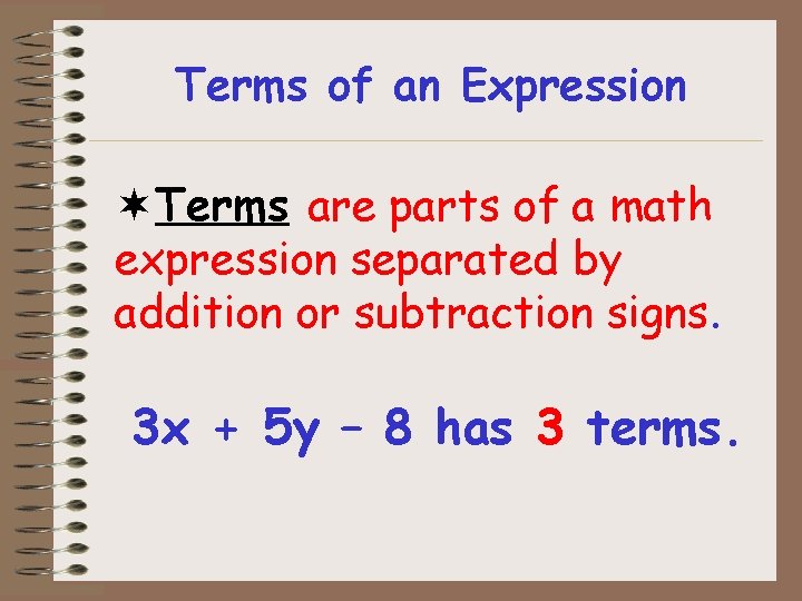 Terms of an Expression ¬Terms are parts of a math expression separated by addition