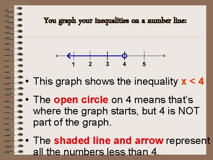 You graph your inequalities on a number line: • This graph shows the inequality