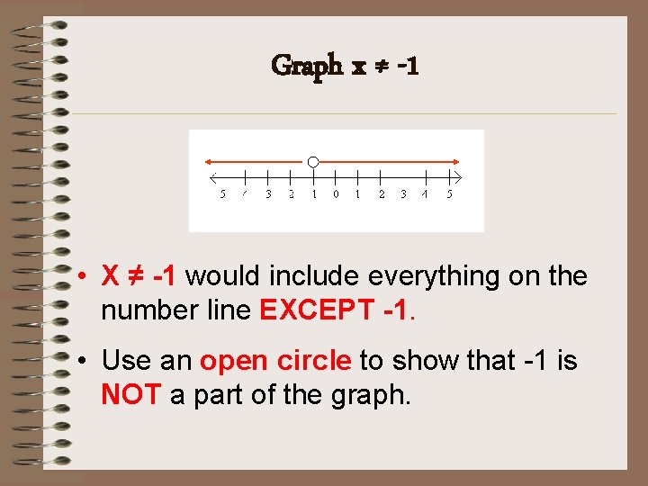 Graph x ≠ -1 • X ≠ -1 would include everything on the number