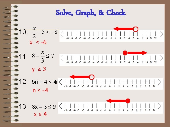 Solve, Graph, & Check 10. x < -6 11. y ≥ 3 12. 5