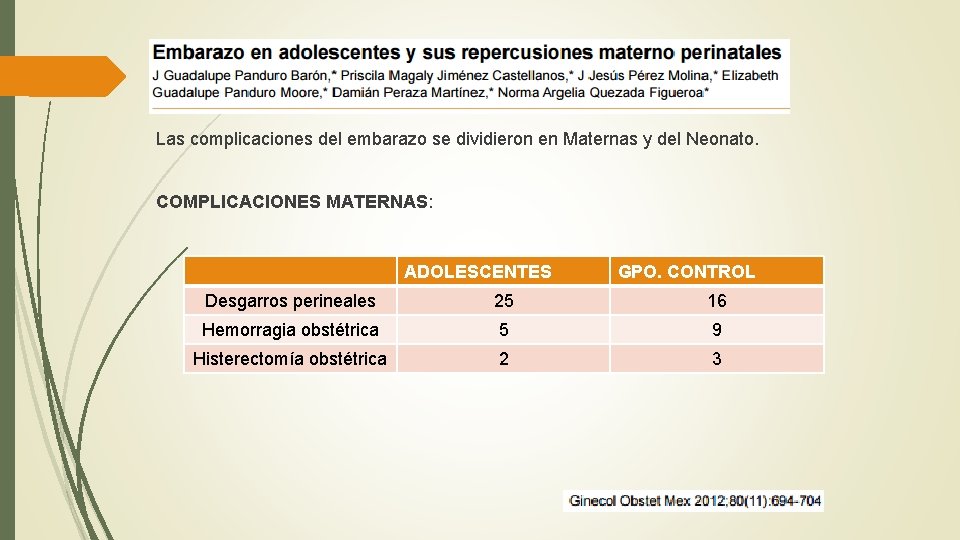 Las complicaciones del embarazo se dividieron en Maternas y del Neonato. COMPLICACIONES MATERNAS: ADOLESCENTES