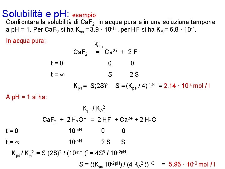Solubilità e p. H: esempio Confrontare la solubilità di Ca. F 2 in acqua