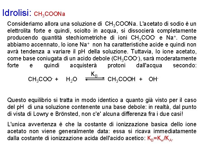 Idrolisi: CH 3 COONa Consideriamo allora una soluzione di CH 3 COONa. L'acetato di