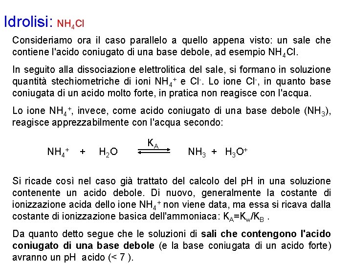 Idrolisi: NH 4 Cl Consideriamo ora il caso parallelo a quello appena visto: un