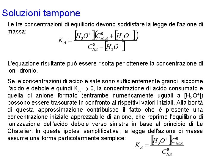 Soluzioni tampone Le tre concentrazioni di equilibrio devono soddisfare la legge dell'azione di massa: