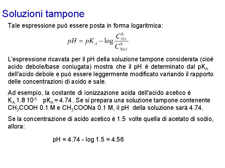 Soluzioni tampone Tale espressione può essere posta in forma logaritmica: L'espressione ricavata per il