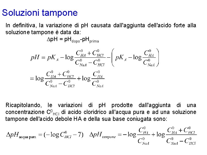 Soluzioni tampone In definitiva, la variazione di p. H causata dall'aggiunta dell'acido forte alla