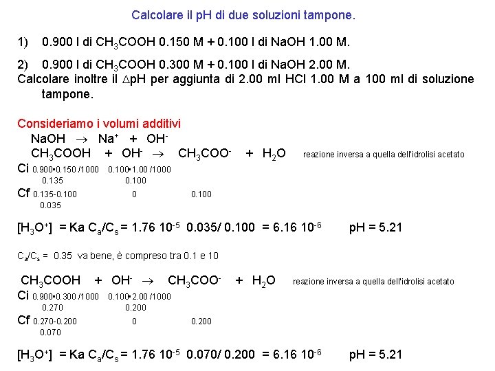 Calcolare il p. H di due soluzioni tampone. 1) 0. 900 l di CH