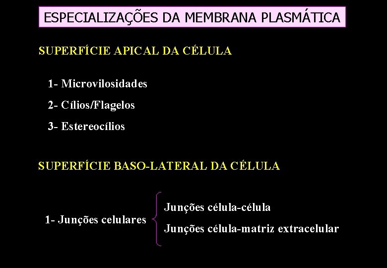 ESPECIALIZAÇÕES DA MEMBRANA PLASMÁTICA SUPERFÍCIE APICAL DA CÉLULA 1 - Microvilosidades 2 - Cílios/Flagelos ESPECIALIZAÇÕES DA MEMBRANA PLASMÁTICA SUPERFÍCIE APICAL DA CÉLULA 1 - Microvilosidades 2 - Cílios/Flagelos