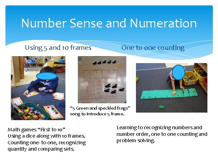 Number Sense and Numeration Using 5 and 10 frames One to one counting “