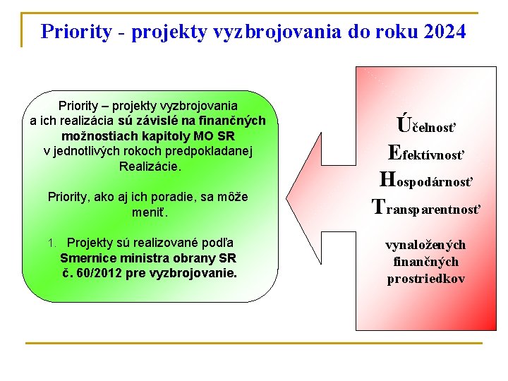 Priority - projekty vyzbrojovania do roku 2024 Priority – projekty vyzbrojovania a ich realizácia