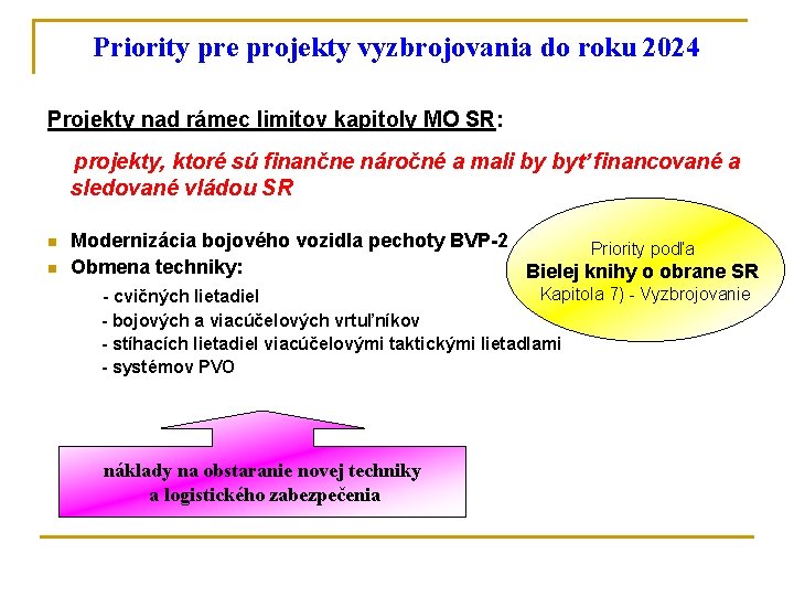Priority pre projekty vyzbrojovania do roku 2024 Projekty nad rámec limitov kapitoly MO SR: