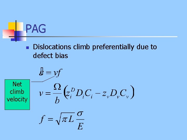 PAG n Net climb velocity Dislocations climb preferentially due to defect bias 