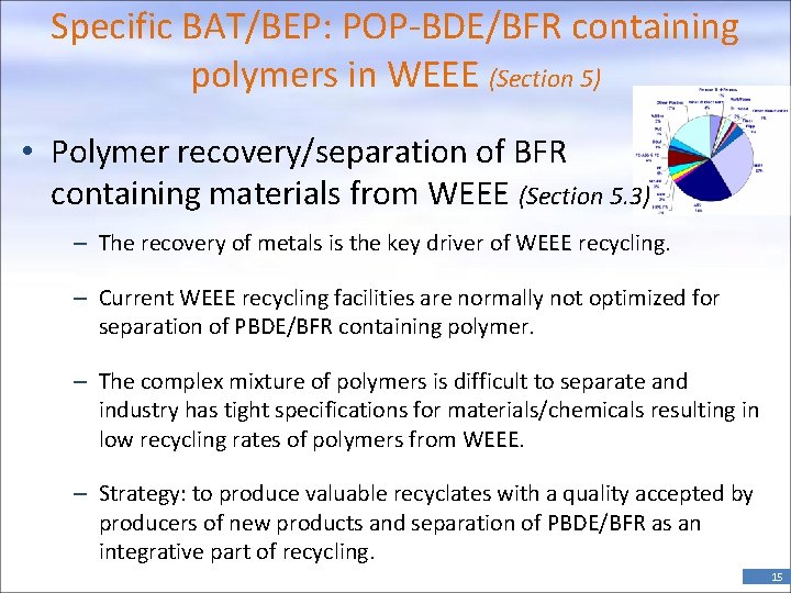Specific BAT/BEP: POP-BDE/BFR containing polymers in WEEE (Section 5) • Polymer recovery/separation of BFR