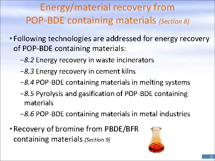 Energy/material recovery from POP-BDE containing materials (Section 8) • Following technologies are addressed for