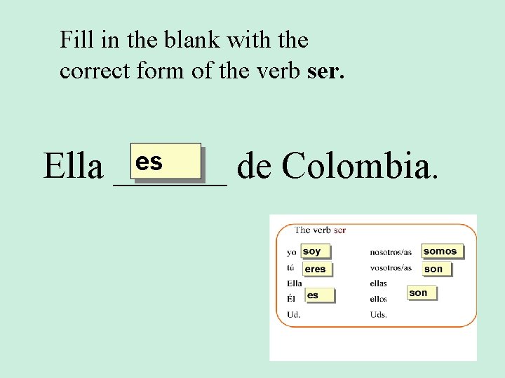Fill in the blank with the correct form of the verb ser. es Ella