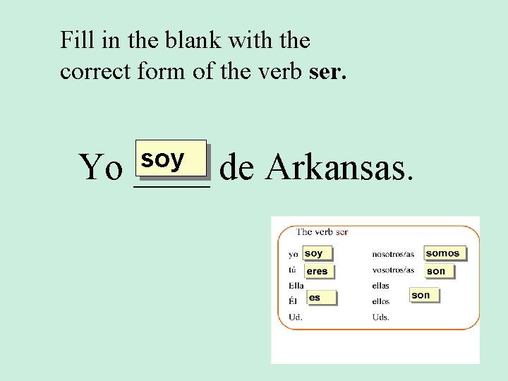 Fill in the blank with the correct form of the verb ser. Yo soy