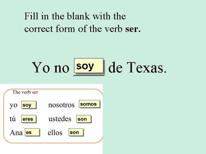 Fill in the blank with the correct form of the verb ser. soy de