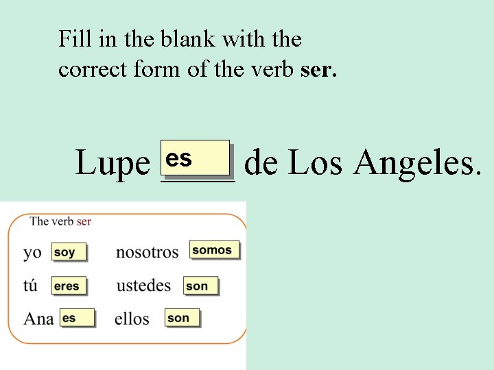 Fill in the blank with the correct form of the verb ser. es Lupe