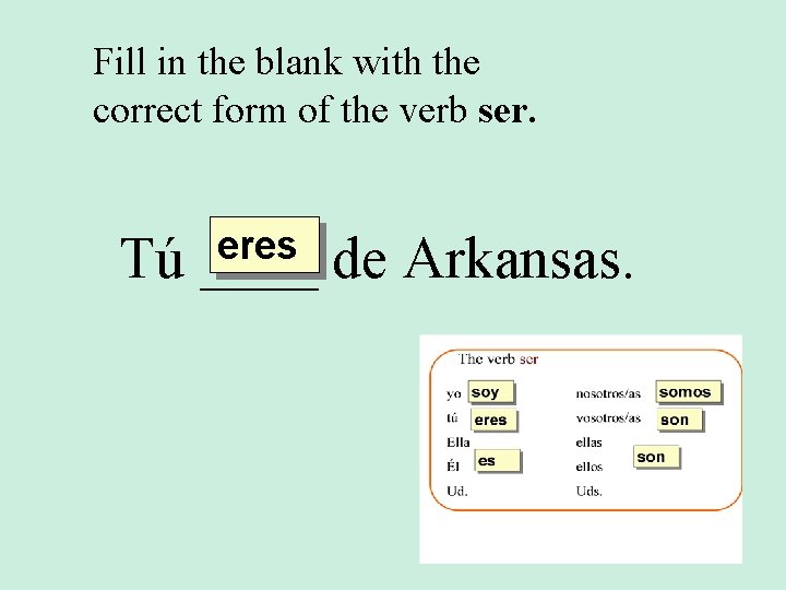 Fill in the blank with the correct form of the verb ser. Tú eres