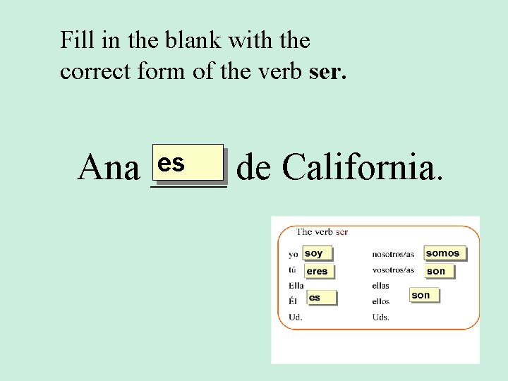 Fill in the blank with the correct form of the verb ser. es Ana