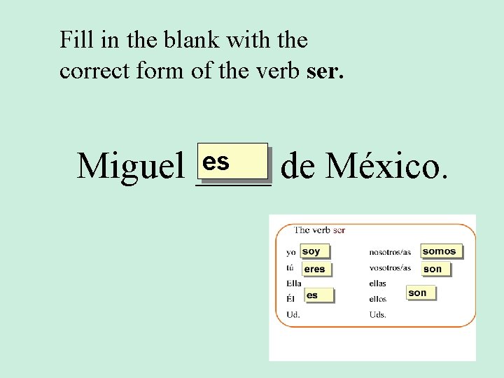 Fill in the blank with the correct form of the verb ser. es Miguel