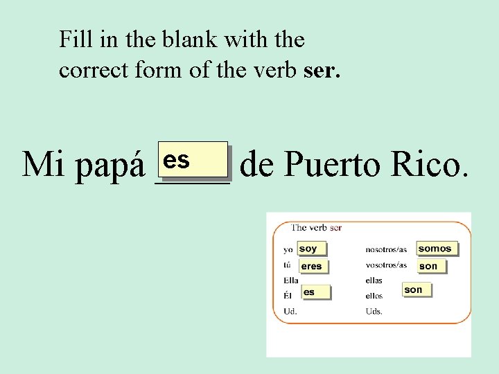 Fill in the blank with the correct form of the verb ser. es Mi
