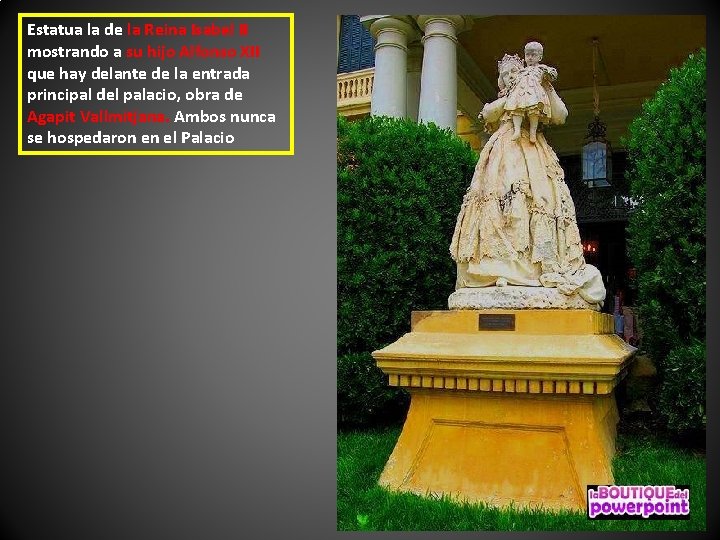 Estatua la de la Reina Isabel II mostrando a su hijo Alfonso XII que