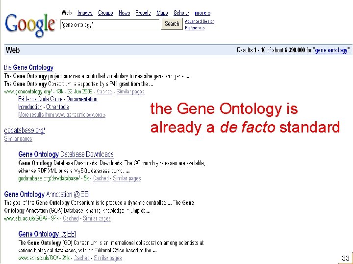 the Gene Ontology is already a de facto standard http: //ontologist. com 33 