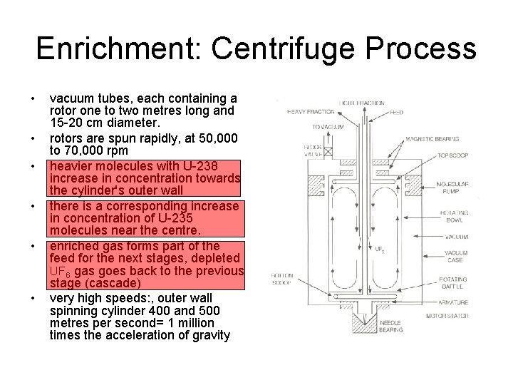 Enrichment: Centrifuge Process • • • vacuum tubes, each containing a rotor one to