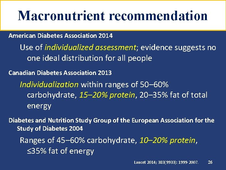 Macronutrient recommendation American Diabetes Association 2014 Use of individualized assessment; evidence suggests no one