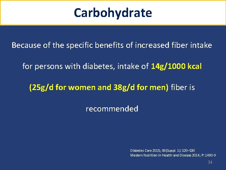 Carbohydrate Because of the specific benefits of increased fiber intake for persons with diabetes,