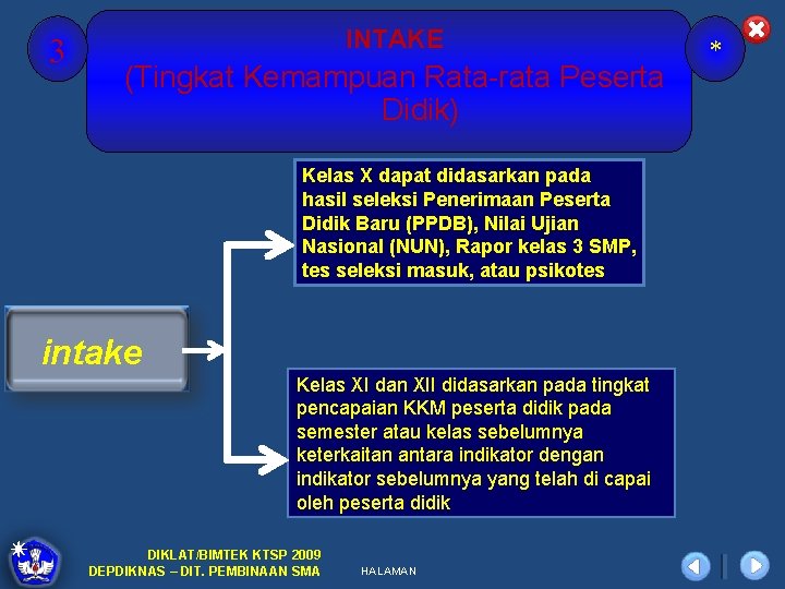 3 INTAKE (Tingkat Kemampuan Rata-rata Peserta Didik) Kelas X dapat didasarkan pada hasil seleksi