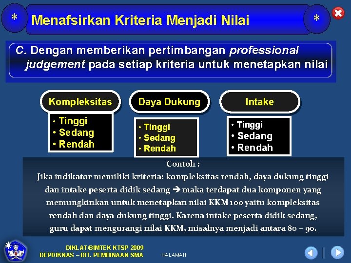 * Menafsirkan Kriteria Menjadi Nilai * C. Dengan memberikan pertimbangan professional judgement pada setiap