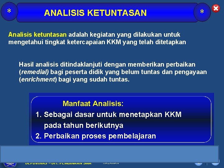 * ANALISIS KETUNTASAN * Analisis ketuntasan adalah kegiatan yang dilakukan untuk mengetahui tingkat ketercapaian