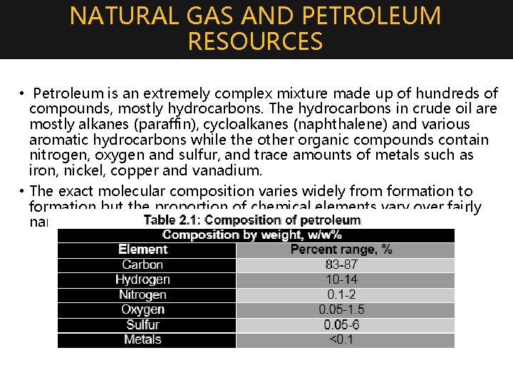 NATURAL GAS AND PETROLEUM RESOURCES • Petroleum is an extremely complex mixture made up