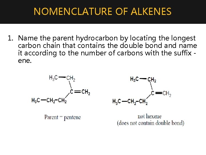 NOMENCLATURE OF ALKENES 1. Name the parent hydrocarbon by locating the longest carbon chain