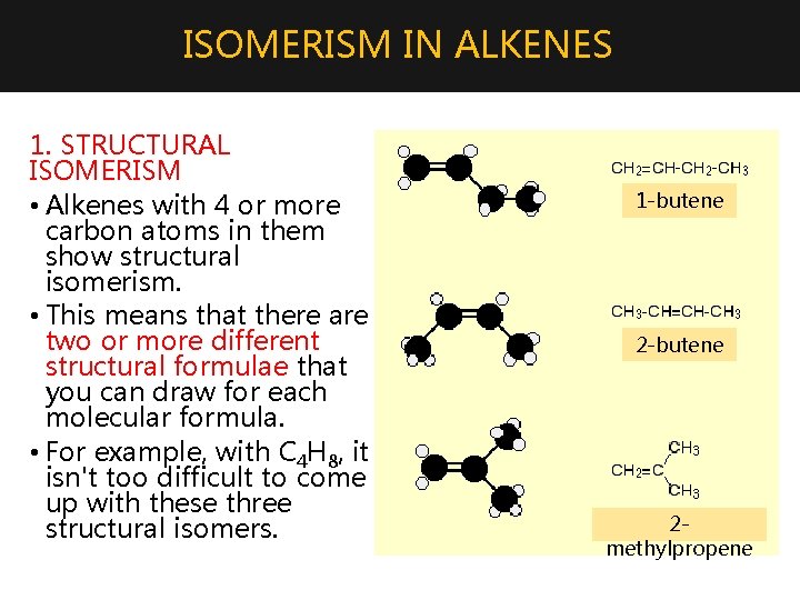 ISOMERISM IN ALKENES 1. STRUCTURAL ISOMERISM • Alkenes with 4 or more carbon atoms