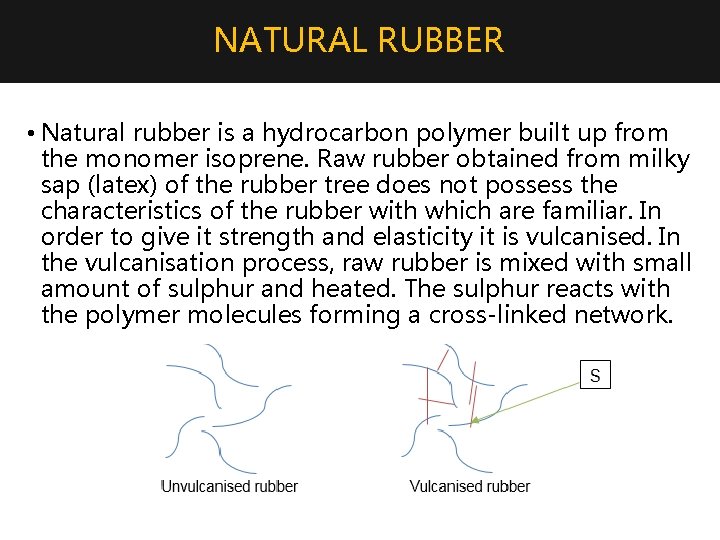 NATURAL RUBBER • Natural rubber is a hydrocarbon polymer built up from the monomer