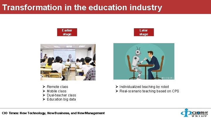 Transformation in the education industry Earlier stage Ø Ø Remote class Mobile class Dual-teacher