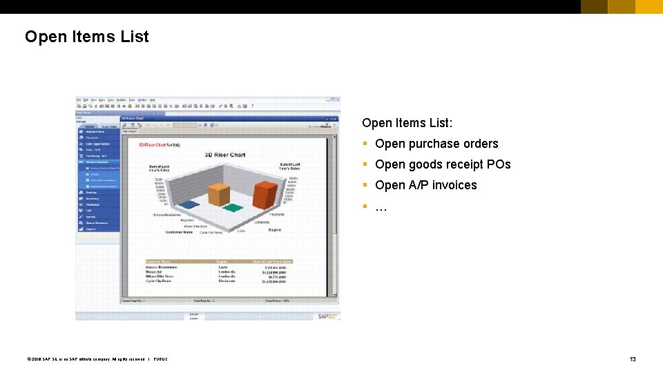 Open Items List: § Open purchase orders § Open goods receipt POs § Open