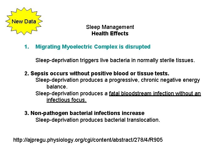 New Data 1. Sleep Management Health Effects Migrating Myoelectric Complex is disrupted Sleep-deprivation triggers