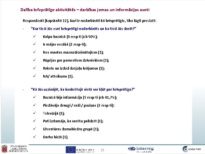 Dalība brīvprātīgo aktivitātēs – darbības jomas un informācijas avoti Respondenti (kopskaitā 12), kuri ir