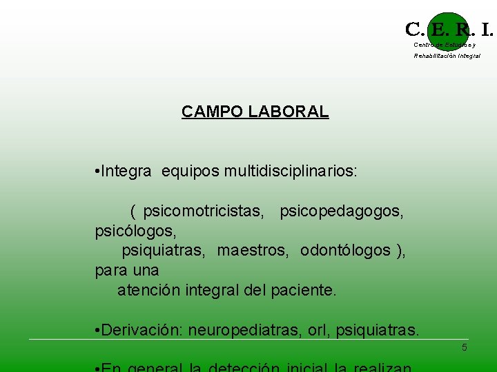 Centro de Estudios y Rehabilitación Integral CAMPO LABORAL • Integra equipos multidisciplinarios: ( psicomotricistas,